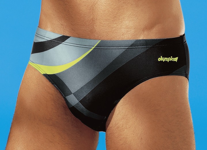 Badehosen - Olympia Badehose in Slipform mit buntem Druckdessin Badehosen - Olympia Badehose in Slipform mit buntem Druckdessin, in Größe 004 bis 009, in Farbe SCHWARZ-BUNT