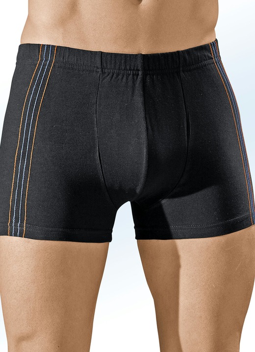 Unterhosen - Viererpack Pants, uni mit seitlichen Kontrasten, in 2 Farbkombinationen Unterhosen - Viererpack Pants, uni mit seitlichen Kontrasten, in 2 Farbkombinationen, in Größe 004 bis 011, in Farbe 2X SCHWARZ-MANDARINE-STAHLBLAU, 2X SCHWARZ-ROT-ECRU