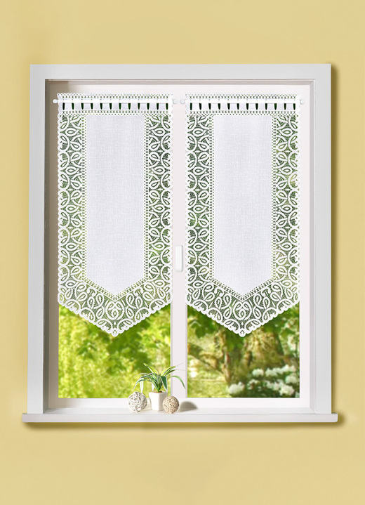 Klassisch - Fenster- und Türbehang mit Dreiecksabschluss, in Größe 309 (2x Fensterbehang, H 80xB40 cm) bis 349 (1x Türbehang, H180xB90 cm), in Farbe WEISS Ansicht 1