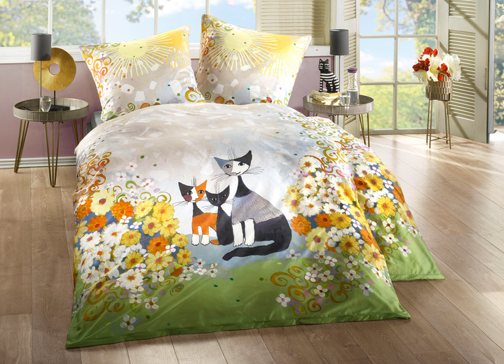 - Exklusive Bettwäsche-Garnitur mit Rosina Wachtmeister-Motiv, in Größe 112 (80/80 cm + 135/200 cm) bis 115 (80/80 cm + 155/220 cm), in Farbe BUNT