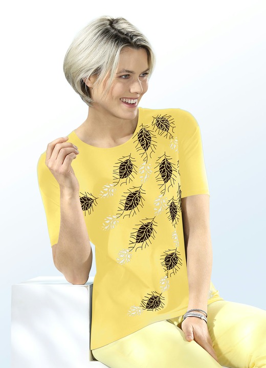Kurzarm - Shirt mit interessantem Blätterdruck in 2 Farben Kurzarm - Shirt mit interessantem Blätterdruck in 2 Farben, in Größe 036 bis 044, in Farbe GELB