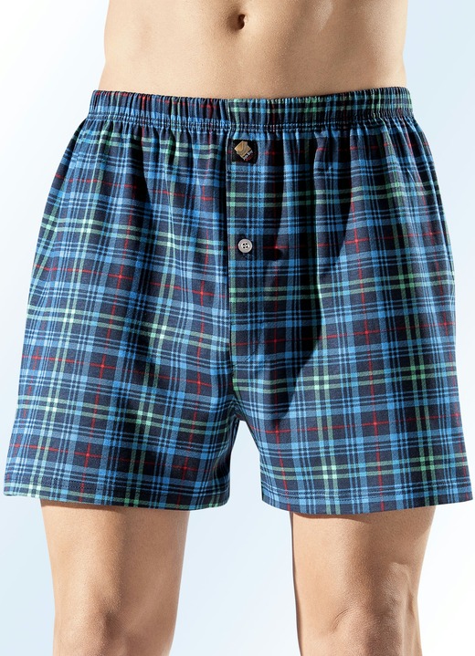 Unterhosen - Viererpack Boxershorts mit Karodessin, in Größe 005 bis 016, in Farbe 2X MARINE-GRÜN-BUNT, 2X MARINE-GELB-BUNT