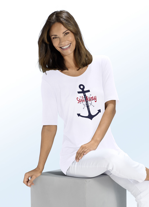 Damenmode - Shirt mit maritimer Stickerei-Applikation in 2 Farben, in Größe 038 bis 056, in Farbe WEISS Ansicht 1