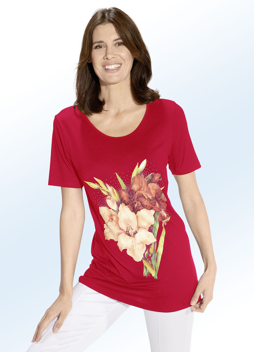 Shirts mit Strass - Longshirt mit Kontrast-Druck in 2 Farben, in Größe 038 bis 054, in Farbe ROT