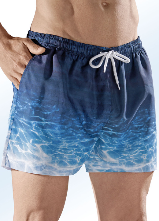 Badeshorts - Badeshorts, Gesäßtasche mit Klettverschluss, Microfaser Badeshorts - Badeshorts, Gesäßtasche mit Klettverschluss, Microfaser, in Größe 004 bis 012, in Farbe INDIGO-TÜRKIS-WEISS