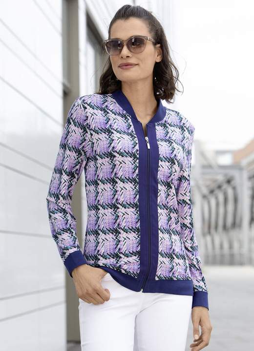 Langarm - Blusenjacke mit Rippenstrick, in Größe 036 bis 052, in Farbe LILA-MARINE-BUNT