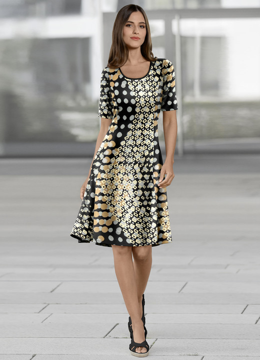 Kurzarm - Kleid in schwingender Schlupfform Kurzarm - Kleid in schwingender Schlupfform, in Größe 036 bis 052, in Farbe SCHWARZ-BUNT