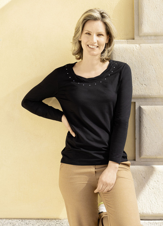 Shirts mit Strass - Shirt mit charmanter Verarbeitung in 2 Farben, in Größe 036 bis 052, in Farbe SCHWARZ Ansicht 1