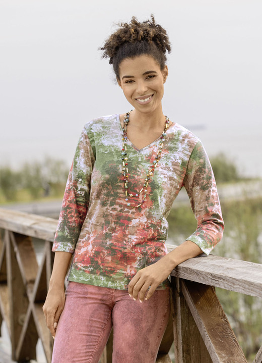 3/4-Arm - Pullover mit sehr weichem Griff, in Größe 038 bis 054, in Farbe GRÜN-ORANGE-MULTICOLOR Ansicht 1