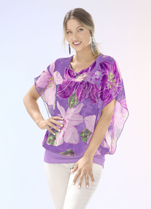 Damenmode - Shirtbluse mit Chiffon-Überwurf in 2 Farben, in Größe 036 bis 052, in Farbe FLIEDER-AUBERGINE-BEIGE Ansicht 1