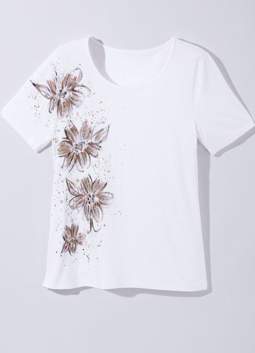 Damenmode - Shirt mit handbemaltem Glitzerornament, in Größe 036 bis 052, in Farbe WEISS Ansicht 1