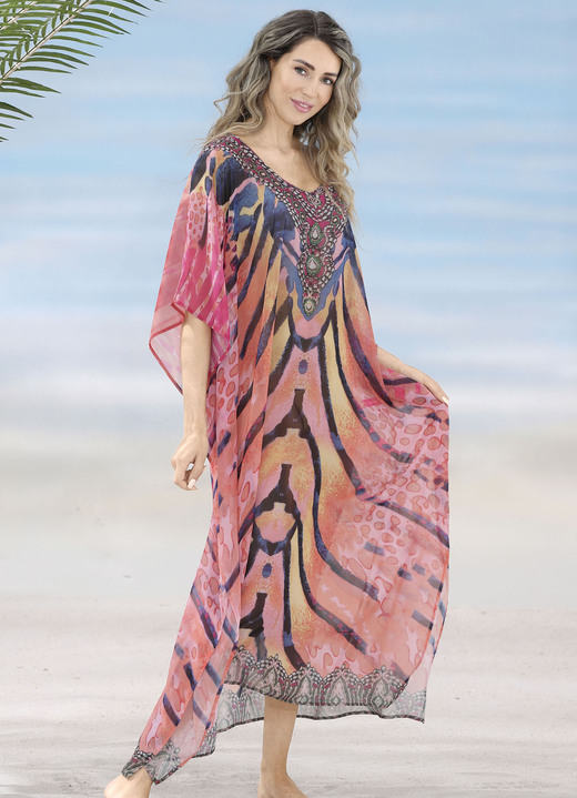 Strandkleider - Laurina Kaftan mit Schmucksteinchen, leicht transparent, in Größe 1 (36-42) bis 3 (50-54), in Farbe KORALLE-BUNT Ansicht 1