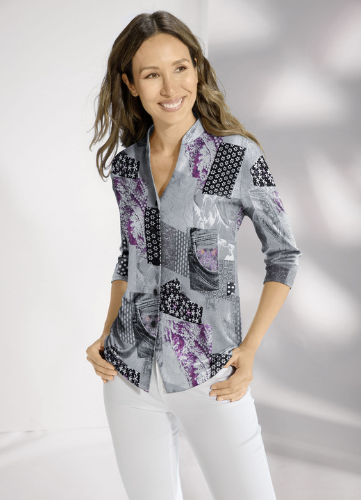 3/4-Arm - Shirtbluse mit Knopfleiste 3/4-Arm - Shirtbluse mit Knopfleiste, in Größe 036 bis 052, in Farbe GRAU-ROSÉ-BUNT