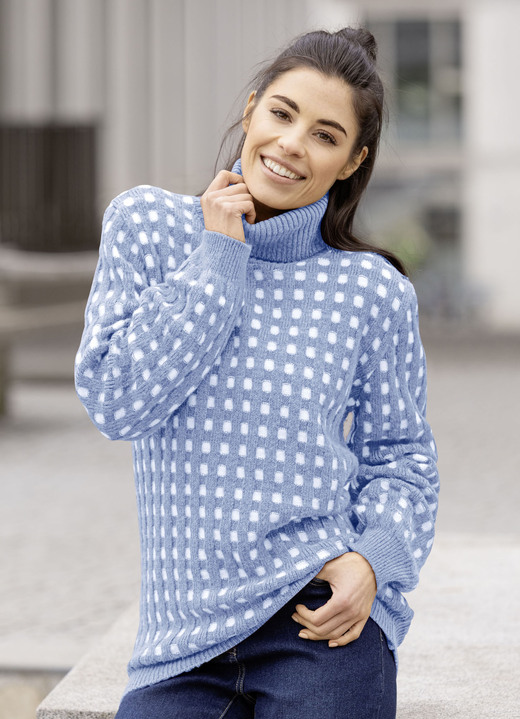 Langarm - Pullover in Strukturdessin, in Größe L(44/46) bis XXL(52/54), in Farbe JEANSBLAU-WEISS Ansicht 1