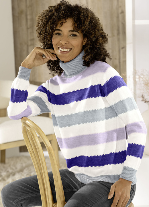 Damenmode - Pullover mit Schurwolle, in Größe 036 bis 052, in Farbe NATUR-LILA-MULTICOLOR Ansicht 1