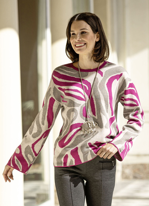 Langarm - Pullover in Jacquard-Dessin, in Größe 036 bis 052, in Farbe FUCHSIA-GRAU-HELLGRAU Ansicht 1