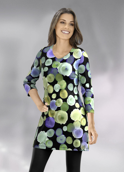 3/4-Arm - Longshirt mit farbbrillantem Allover-Druck 3/4-Arm - Longshirt mit farbbrillantem Allover-Druck, in Größe 040 bis 050, in Farbe SCHWARZ-LILA-GRÜN