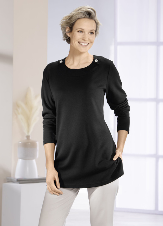 Langarm - Sweatshirt mit Zierknöpfen in 2 Farben Langarm - Sweatshirt mit Zierknöpfen in 2 Farben, in Größe 040 bis 054, in Farbe SCHWARZ