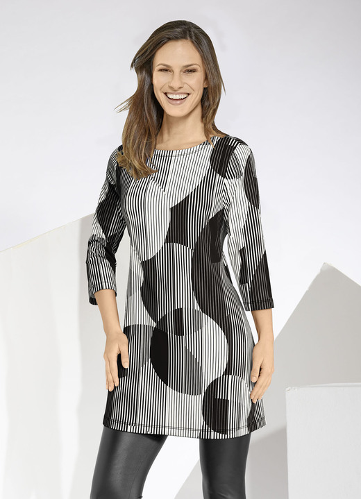 - Longshirt mit farbbrillantem Allover-Druck - Longshirt mit farbbrillantem Allover-Druck, in Größe 038 bis 050, in Farbe SCHWARZ-WEISS