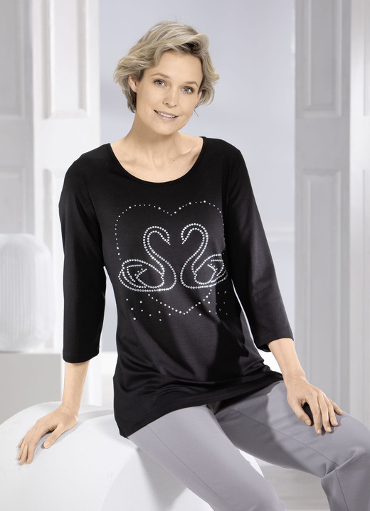 Damenmode - Shirt mit edler Strasszier in 2 Farben, in Größe 038 bis 052, in Farbe SCHWARZ Ansicht 1