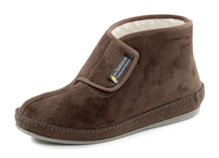 Hausschuhe - Stiefelette aus Veloursmaterial mit Klettverschluss Hausschuhe - Stiefelette aus Veloursmaterial mit Klettverschluss, in Größe 040 bis 046, in Farbe BRAUN