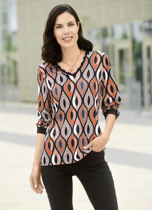 - Shirt mit V-Ausschnitt - Shirt mit V-Ausschnitt, in Größe 038 bis 054, in Farbe SCHWARZ-ORANGE-ECRU