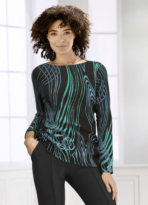 Langarm - Pullover in Jacquard-Feinstrick Langarm - Pullover in Jacquard-Feinstrick, in Größe 038 bis 054, in Farbe TÜRKIS-BLAU-SCHWARZ