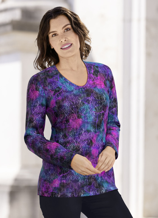 Langarm - Pullover in Jacquard-Feinstrick, in Größe 038 bis 054, in Farbe MAGENTA-BLAU-MULTICOLOR