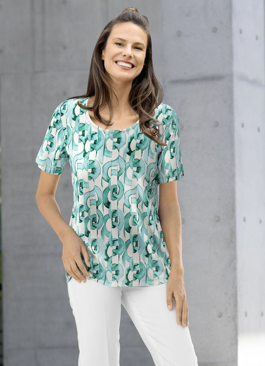 Kurzarm - Shirt mit farbbrillantem Allover-Druck Kurzarm - Shirt mit farbbrillantem Allover-Druck, in Größe 036 bis 052, in Farbe ECRU-TÜRKIS