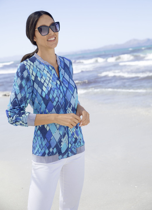 Langarm - Blusenjacke mit Glanzgarn, in Größe 036 bis 052, in Farbe BLAU-TÜRKIS-ROYALBLAU-BUNT Ansicht 1