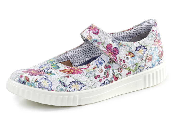 Weite H - Slipper aus floral bedrucktem Leder, in Größe 036 bis 042, in Farbe ECRU-BUNT Ansicht 1