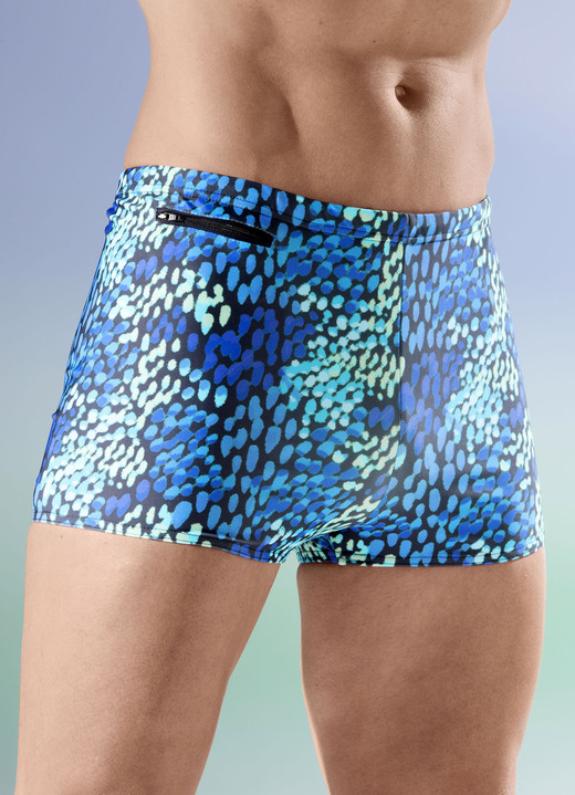 Badehosen - Badehose in höherer Kastenform Badehosen - Badehose in höherer Kastenform, in Größe 004 bis 013, in Farbe BLAU-SCHWARZ-BUNT