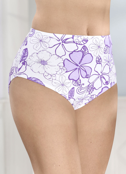 Slips - Sechserpack Slips mit Gummizug im Bund, in Größe 038 bis 056, in Farbe 2X WEISS-FLIEDER-LILA BEDRUCKT, 2X WEISS, 2X FLIEDER Ansicht 1