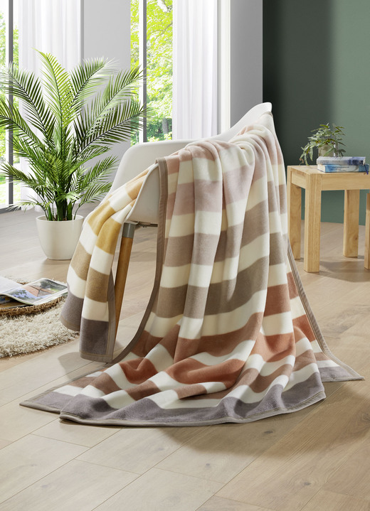 Wohndecken - Wohndecke mit Veloursbandeinfassung, in Farbe BEIGE-BRAUN GESTREIFT