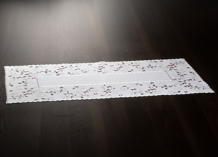 Wohnaccessoires - Bestickte Tisch- und Raumdekoration mit Blümchen-Bordüre, in Größe 140 (Läufer, 40/ 90 cm) bis 404 (Kissenbezug, 40/ 40 cm), in Farbe WOLLWEISS-ROSA Ansicht 1