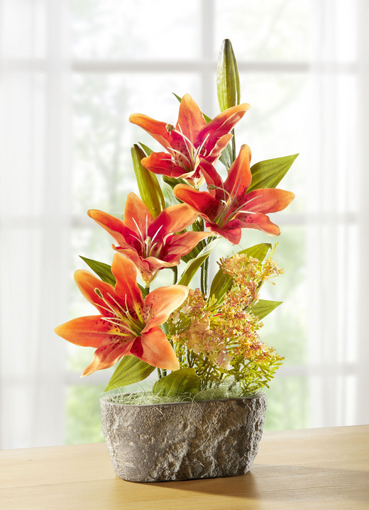 Wohnaccessoires - Lilien-Arrangement in Schale aus Zement, in Farbe ORANGE