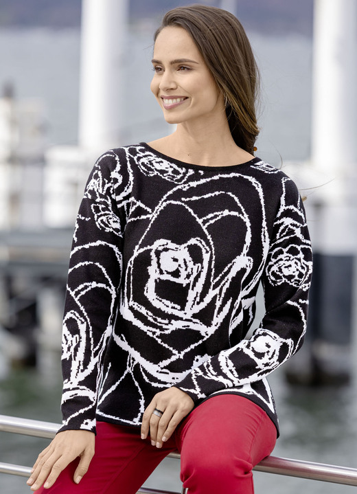 Langarm - Pullover in Jacquard-Dessin, in Größe L(44/46) bis XXL(52/54), in Farbe SCHWARZ-ECRU Ansicht 1