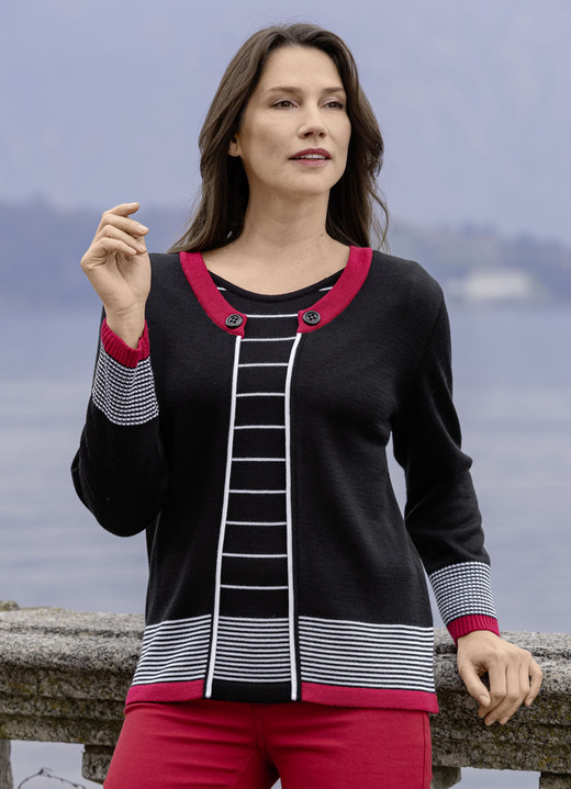 Langarm - Pullover in Doppel-Optik Langarm - Pullover in Doppel-Optik, in Größe 038 bis 054, in Farbe SCHWARZ-ROT-WEISS