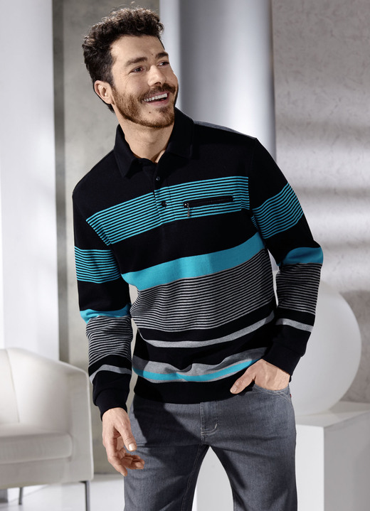 Sweatshirts - Poloshirt mit kurzer Knopfleiste Sweatshirts - Poloshirt mit kurzer Knopfleiste, in Größe 046 bis 062, in Farbe SCHWARZ-TÜRKIS-GRAU MELIERT