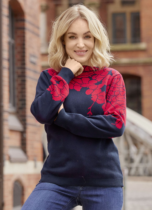 Langarm - Pullover mit floralen Jacquardakzenten, in Größe 038 bis 054, in Farbe MARINE-ROT Ansicht 1