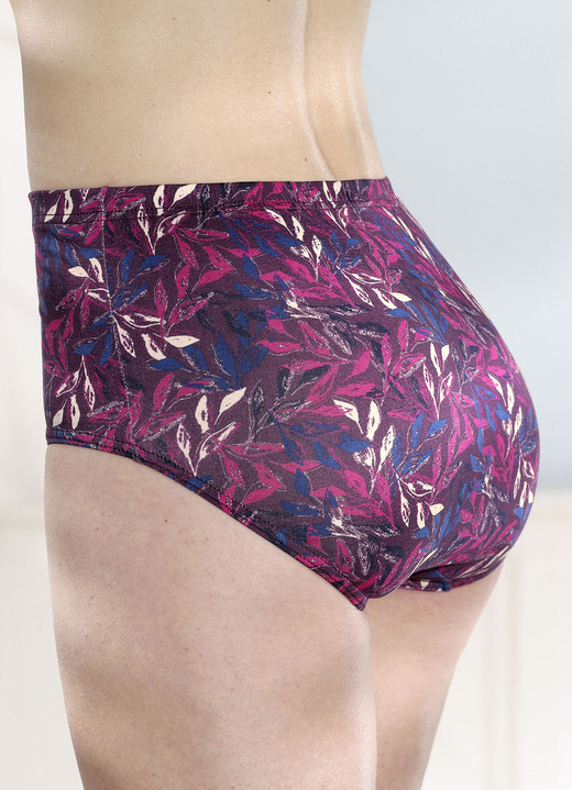 Slips - Viererpack Slipsmit Gummizug im Bund, in Größe 038 bis 056, in Farbe BURGUND-JEANSBLAU-AZALEE-BUNT
