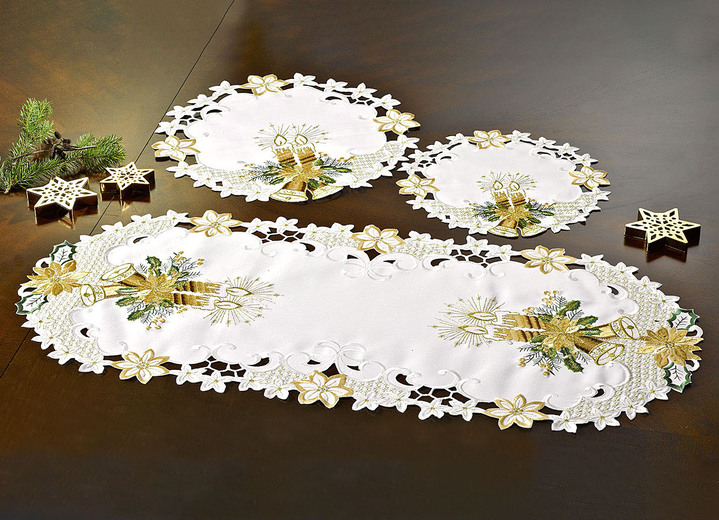 Wohnaccessoires - Tisch- und Raumdekoration mit Kerzen- und Glocken-Motive, in Größe 101 (Deckchen oval, 35x 50 cm) bis 404 (Kissenhülle, 40x 40 cm), in Farbe SEKT Ansicht 1