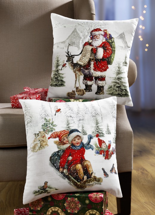 Dekokissen & Hüllen - Kissenbezug mit detailverliebt gestalteten Motiven, in Farbe WEISS-ROT, in Ausführung Weihnachtsmann