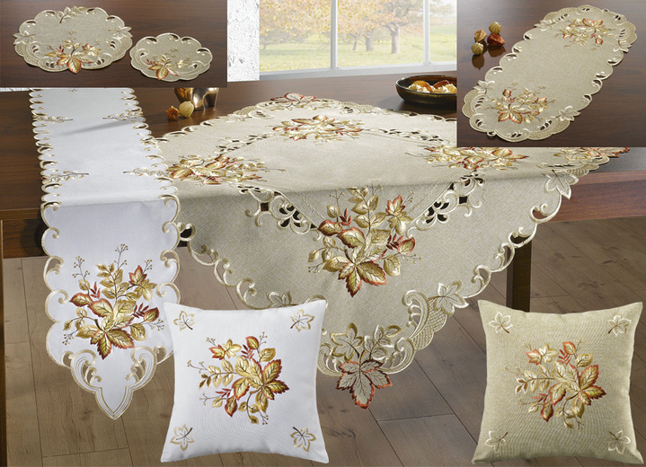 Wohnaccessoires - Filigran gearbeitete Tisch- und Raumdekoration, in Größe 101 (Läufer oval, 30x 70 cm) bis 404 (Kissenbezug, 40x 40 cm), in Farbe ECRU