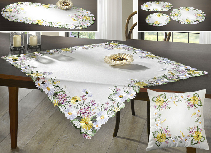 Wohnaccessoires - Tisch- und Raumdekoration mit zauberhaften Blumenranken, in Größe 100 (Deckchen, 30x 45 cm) bis 404 (Kissenbezug, 40x 40 cm), in Farbe BUNT