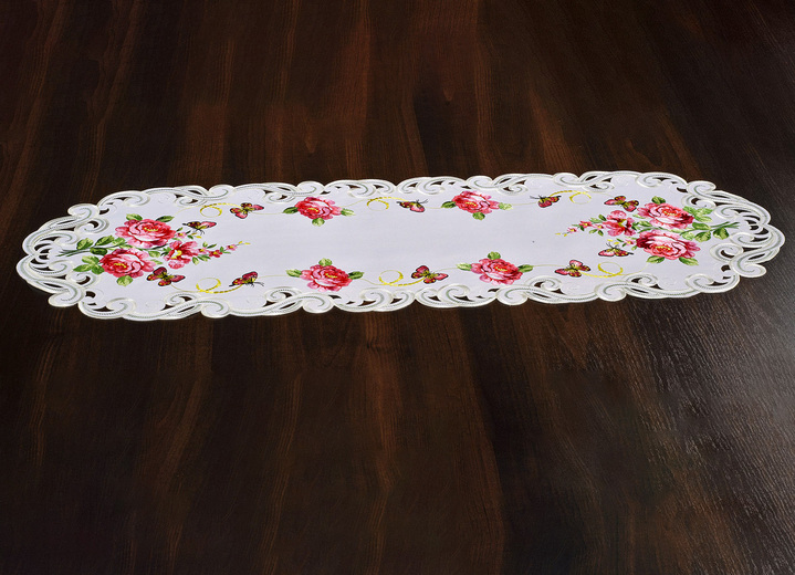 Tischdecken - Tisch- und Raumdekoration mit Rosen-Motiven, in Größe 101 (Deckchen oval, 35x 50 cm) bis 404 (Kissenbezug, 40x 40 cm), in Farbe SEKT-ROT-BUNT Ansicht 1