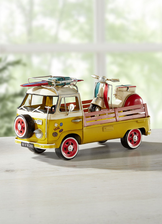 Wohnaccessoires - VW Bus T2 mit Motorroller, in Farbe GELB-WEISS