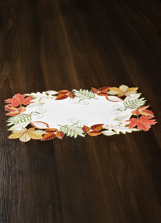 Inspiration - Herbstliche Tisch- und Raumdekoration mit Blattmotiven, in Größe 101 (Deckchen, 35x 50 cm) bis 404 (Kissenbezug, 40x 40 cm), in Farbe WEISS-BUNT Ansicht 1