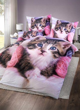 Digital bedruckte Bettwäsche-Garnitur mit Katzen-Motiv