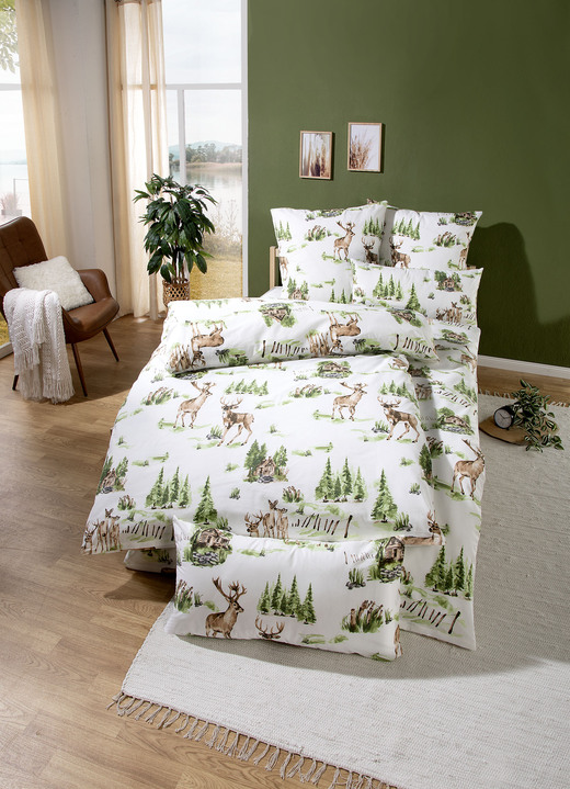 Bettwäschegarnituren - Beidseitig bedruckte Bettwäsche-Garnitur aus Polycotton, in Größe 111 (40x80 cm + 135x200 cm) bis 115 (80x80 cm + 155x220 cm), in Farbe MULTICOLOR